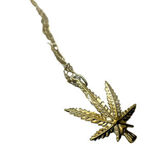 Marijuana Leaf Necklace Ganja Weed Pot Pendant Gold Tone 30" Chain Bling Bling